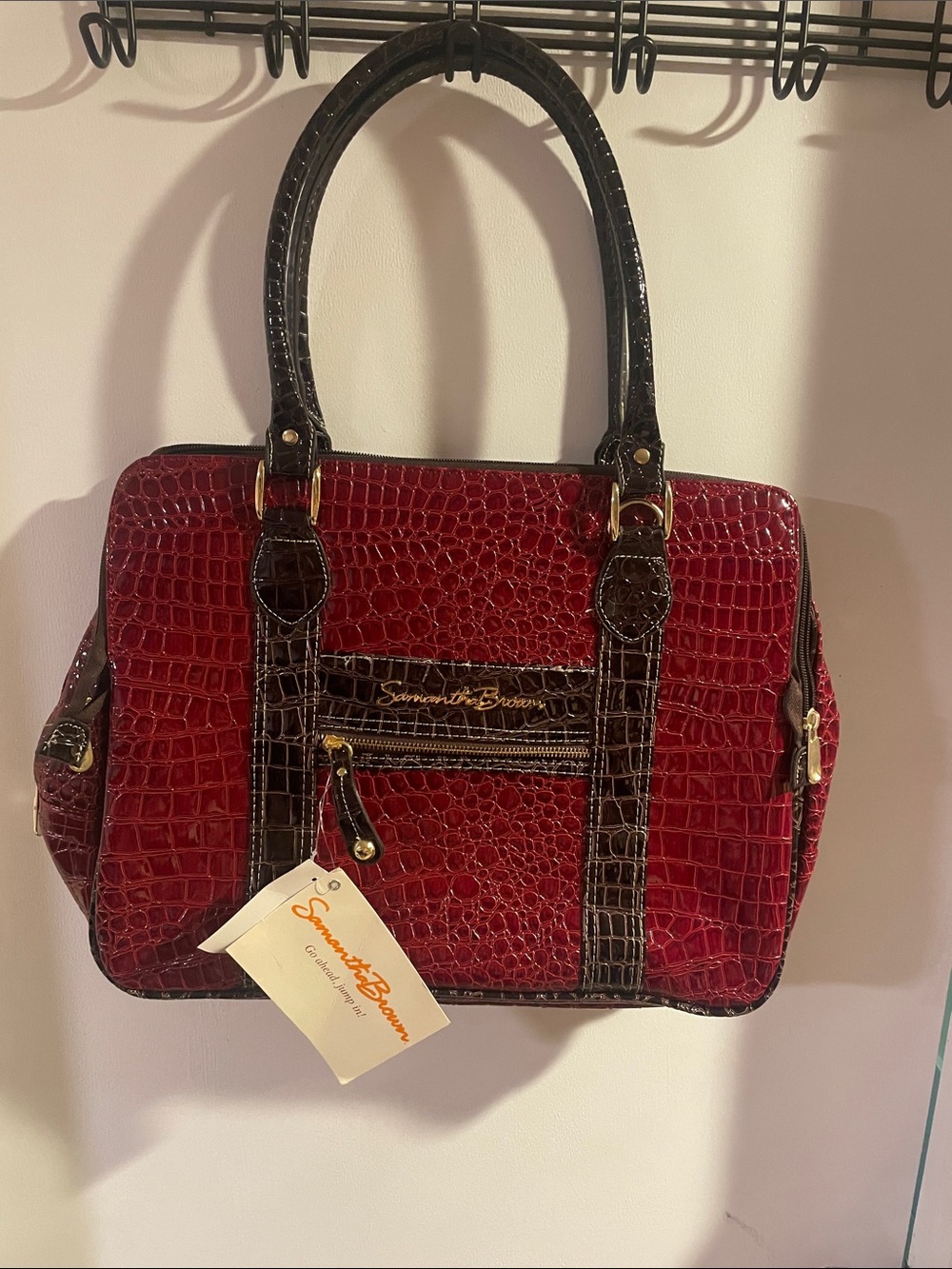 Samantha Brown Red Croc-Embossed Satchel with Dark Trim